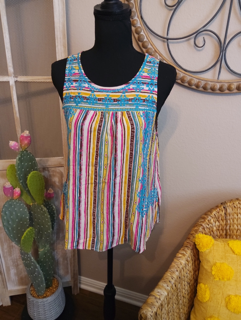 Savanna Jane Multicolor Striped Tank Top with Turquoise Yoke